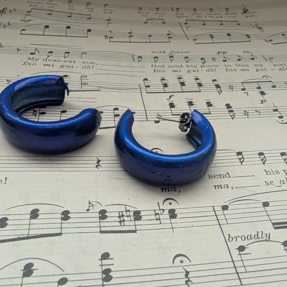 Metallic Blue Crescent Hoop Earrings - Picture 6 of 7